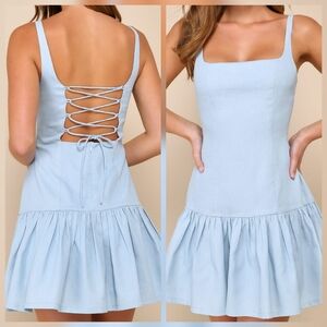 Lulus Adorable Concept Blue Lace-Up Backless Drop Waist Mini Dress, Size Small